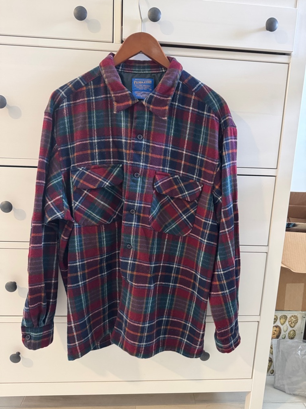 Pendleton Men’s Burgundy, Green & Navy Plaid Wool Shirt Jacket Size XL